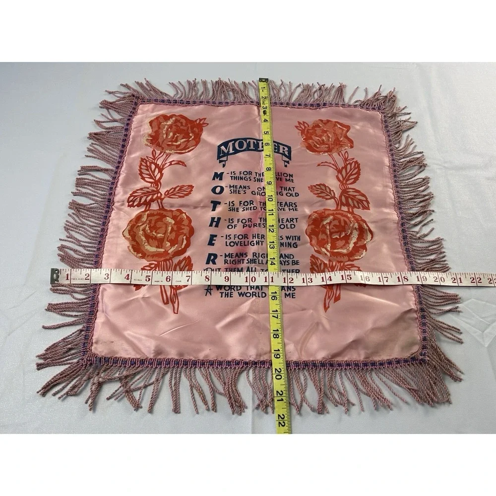 Vintage Satin Mother Poem Pillowcase Pink Floral Fringe Sentimental Decor